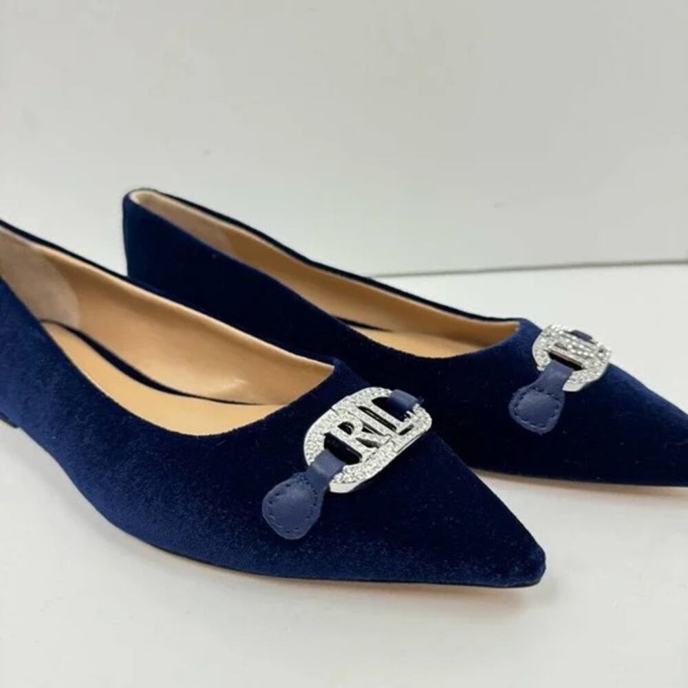 NEW Lauren Ralph Lauren | Lilah Navy Blue Velvet Crystal Logo Pointed Toe Flat - Picture 8 of 11